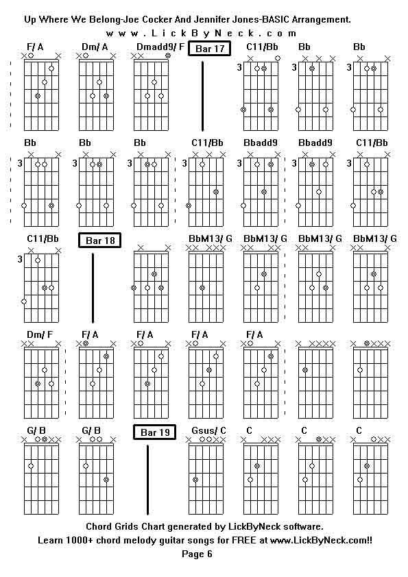 Chord Grids Chart of chord melody fingerstyle guitar song-Up Where We Belong-Joe Cocker And Jennifer Jones-BASIC Arrangement,generated by LickByNeck software.